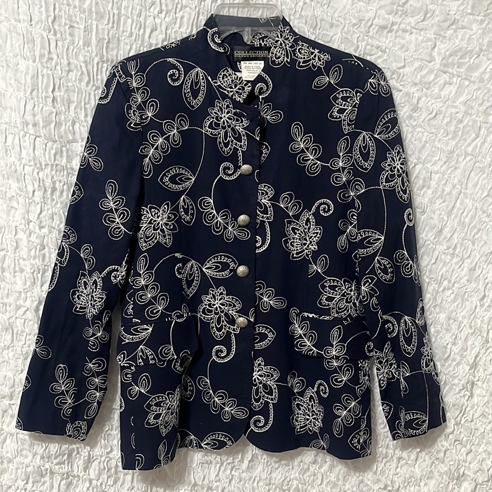 HARVEY BENARD WOMENS LINEN BLEND BLUE JACKET WITH WHITE EMBROIDERY SIZE8